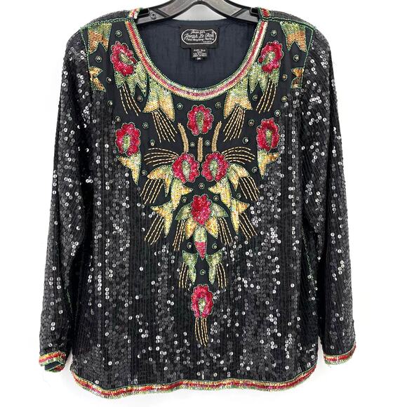 Joseph Le Bon Tops - Jean For Joseph Le Bon Silk Floral Full Sequin Shirt Womens Sz Medium Black Red
